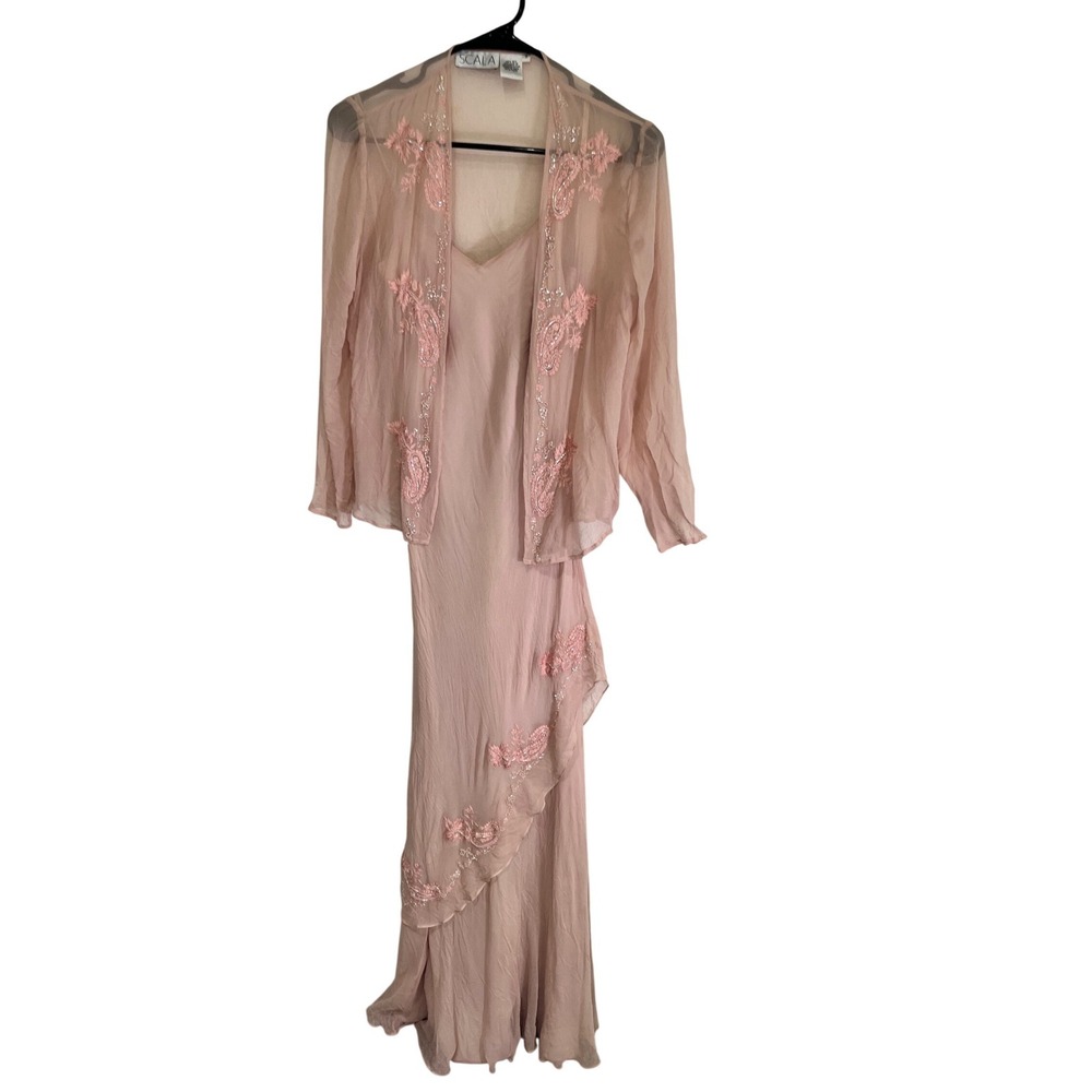 Scala Vintage 100% Silk Pink Beaded Floral Maxi Dress & Jacket Set Womens S - Picture 3 of 16
